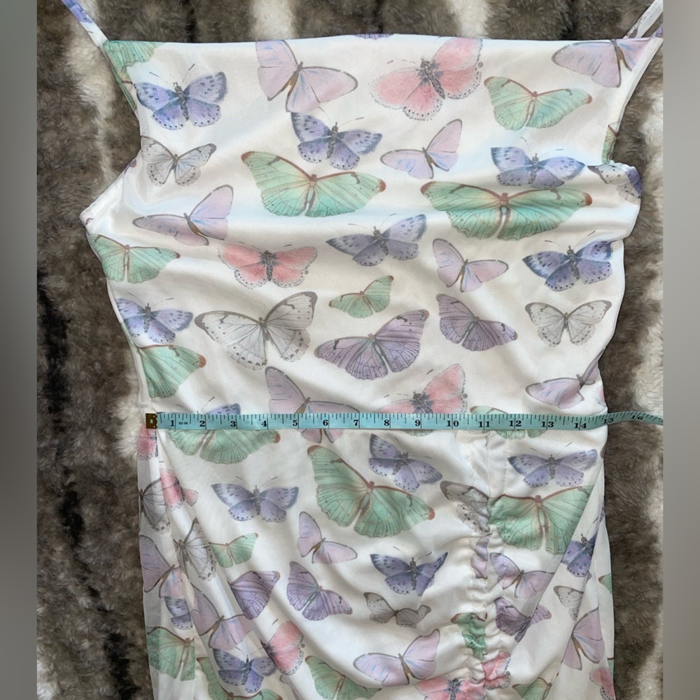 PRETTYLITTLETHING Bodycon Butterfly Print Spaghetti Strap Mini Dress Sz 14 - Picture 4 of 7